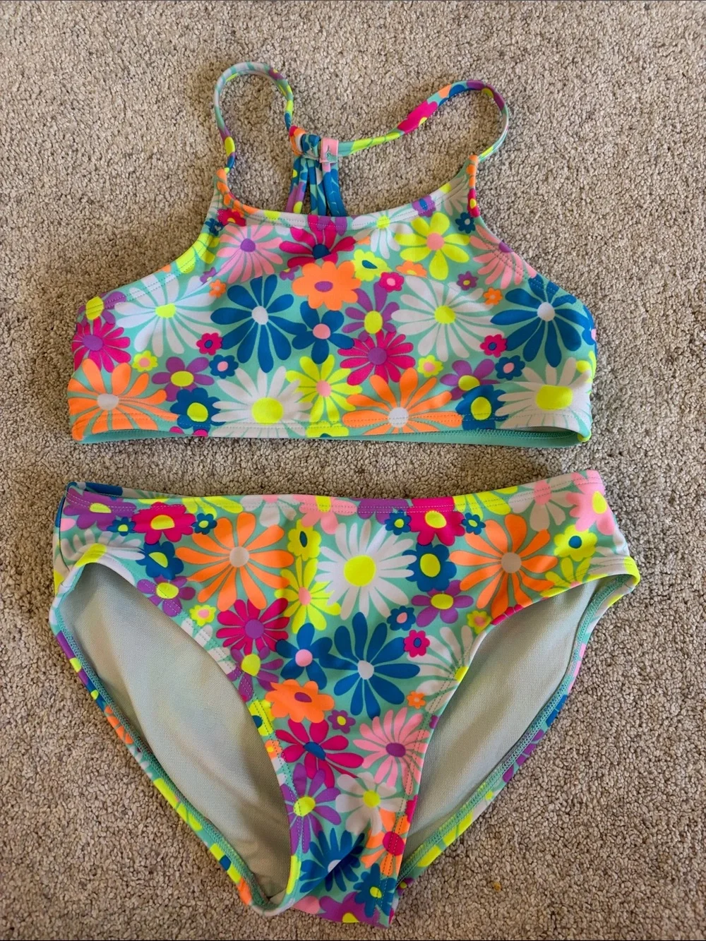 Girls' Floral High-Neck Two-Piece Swim Set - Neon Multicolor